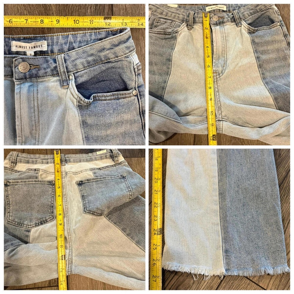 Almost Famous Two Tone High Rise Straight Leg Jeans Raw Hem Size 7 Colorblock - Picture 7 of 15
